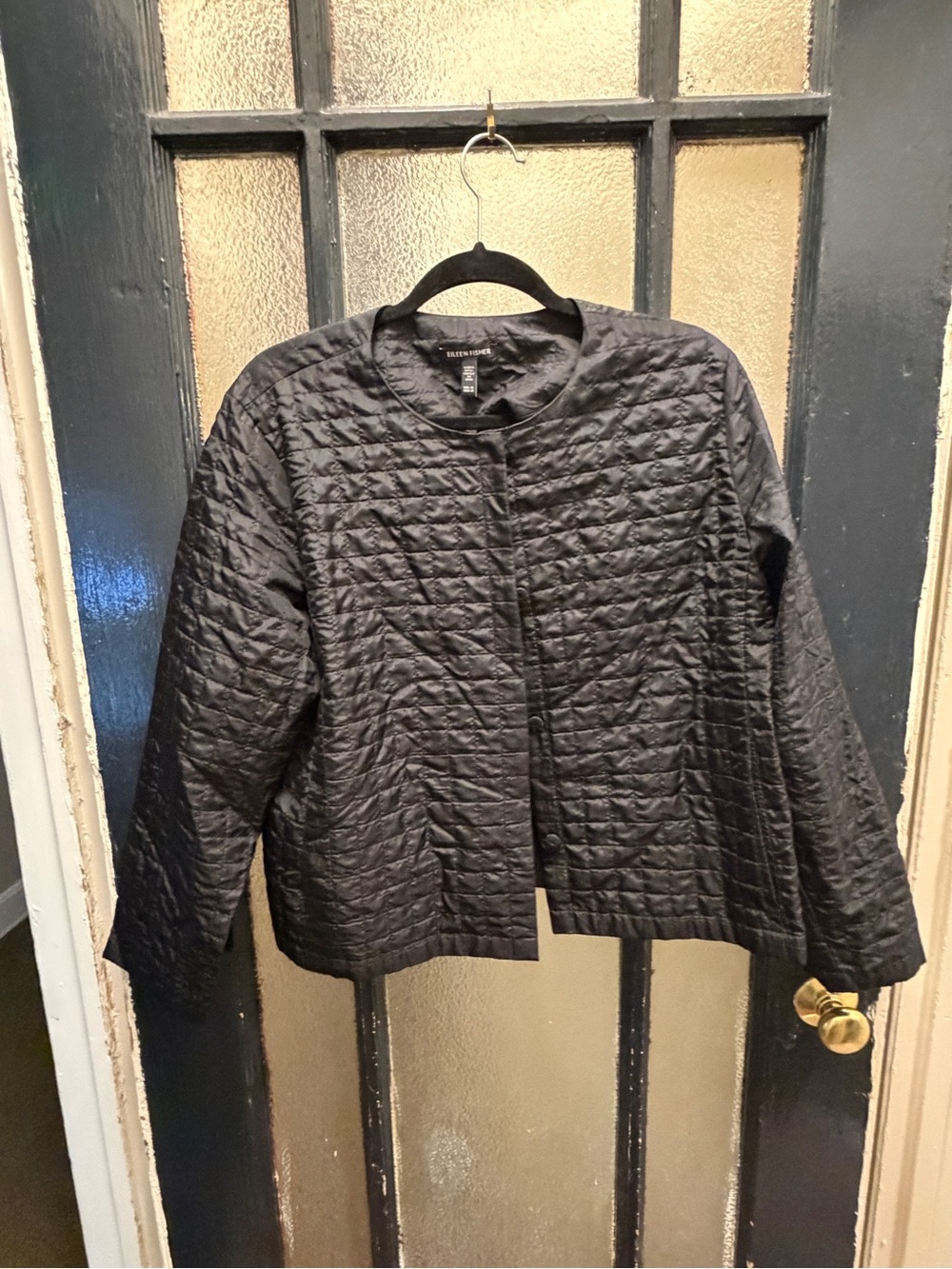 Eileen Fisher Black Quilted Collarless Puffer Jacket